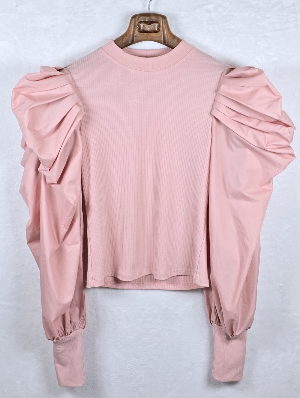 WHY Dress Pink Dramatic Puff Sleeve Ribbed Knit Top Balloon Sleeve Blouse S